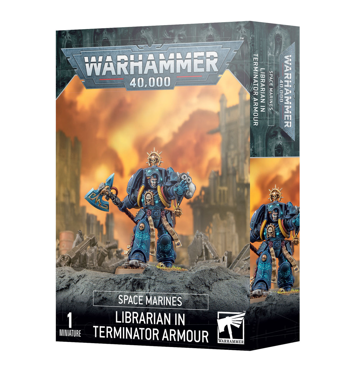 Space Marines Librarian in Terminator armor from Games Workshop, wearing ornate power armor with psychic staff.