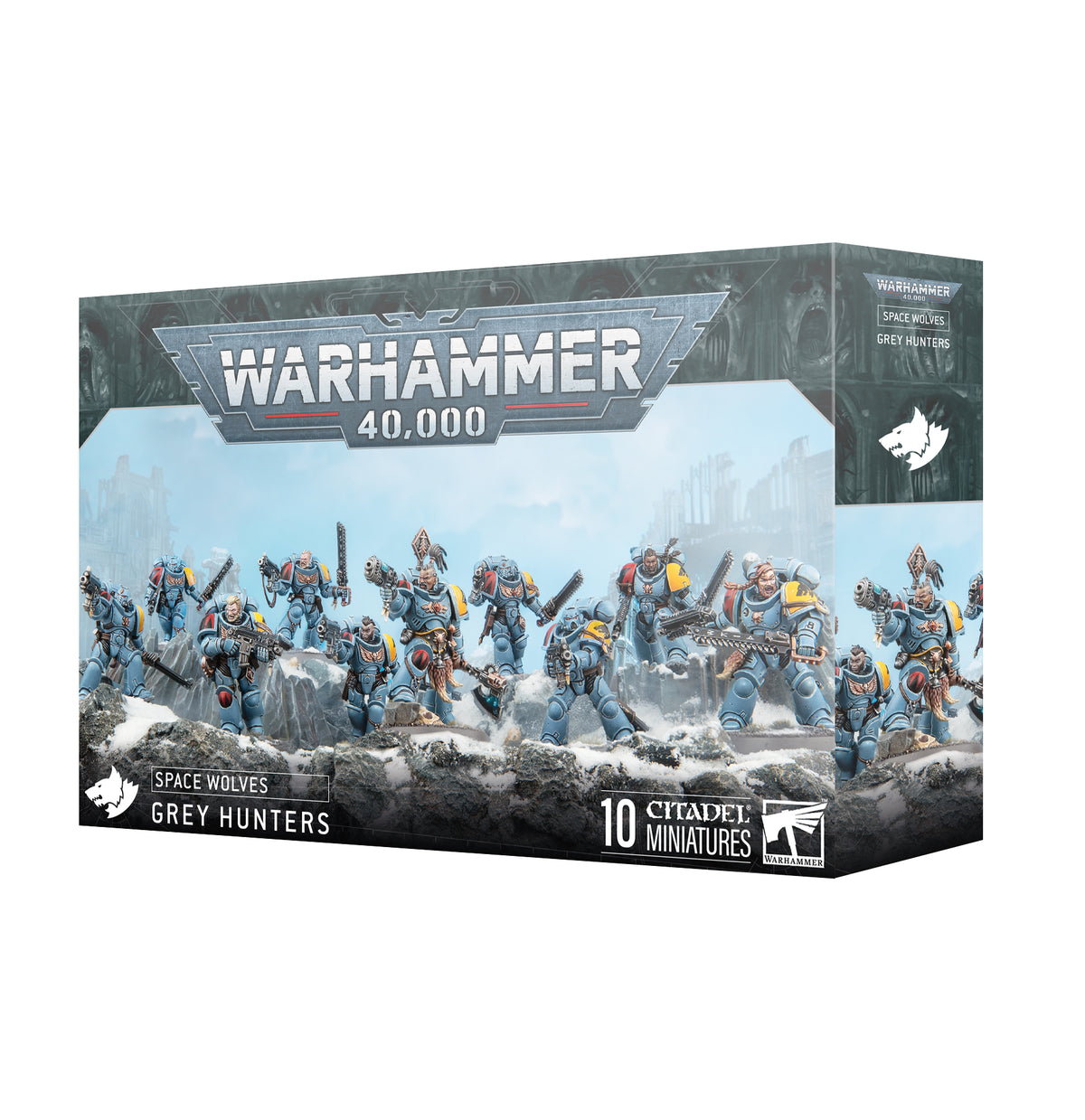 Space Wolves Grey Hunters squad from Games Workshop featuring detailed miniature models in tactical poses.