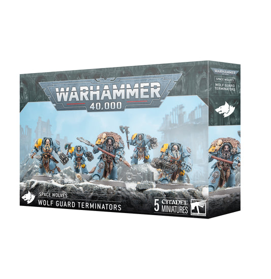 Space Wolves Wolf Guard Terminators miniatures by Games Workshop, detailed Space Marines with power armor and weapons.