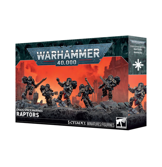 Games Workshop Chaos Space Marines Raptors miniatures set, featuring detailed models of Chaos Space Marines with Raptors armor and weapons.
