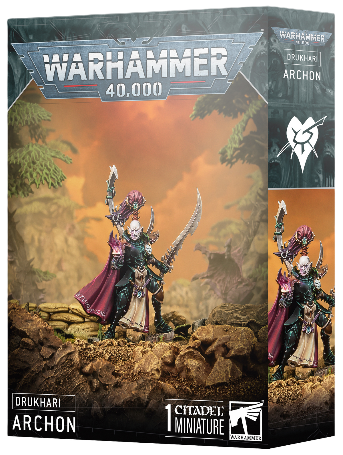 Detailed miniature of a Drukhari Archon from Games Workshop's Warhammer 40k miniatures collection.