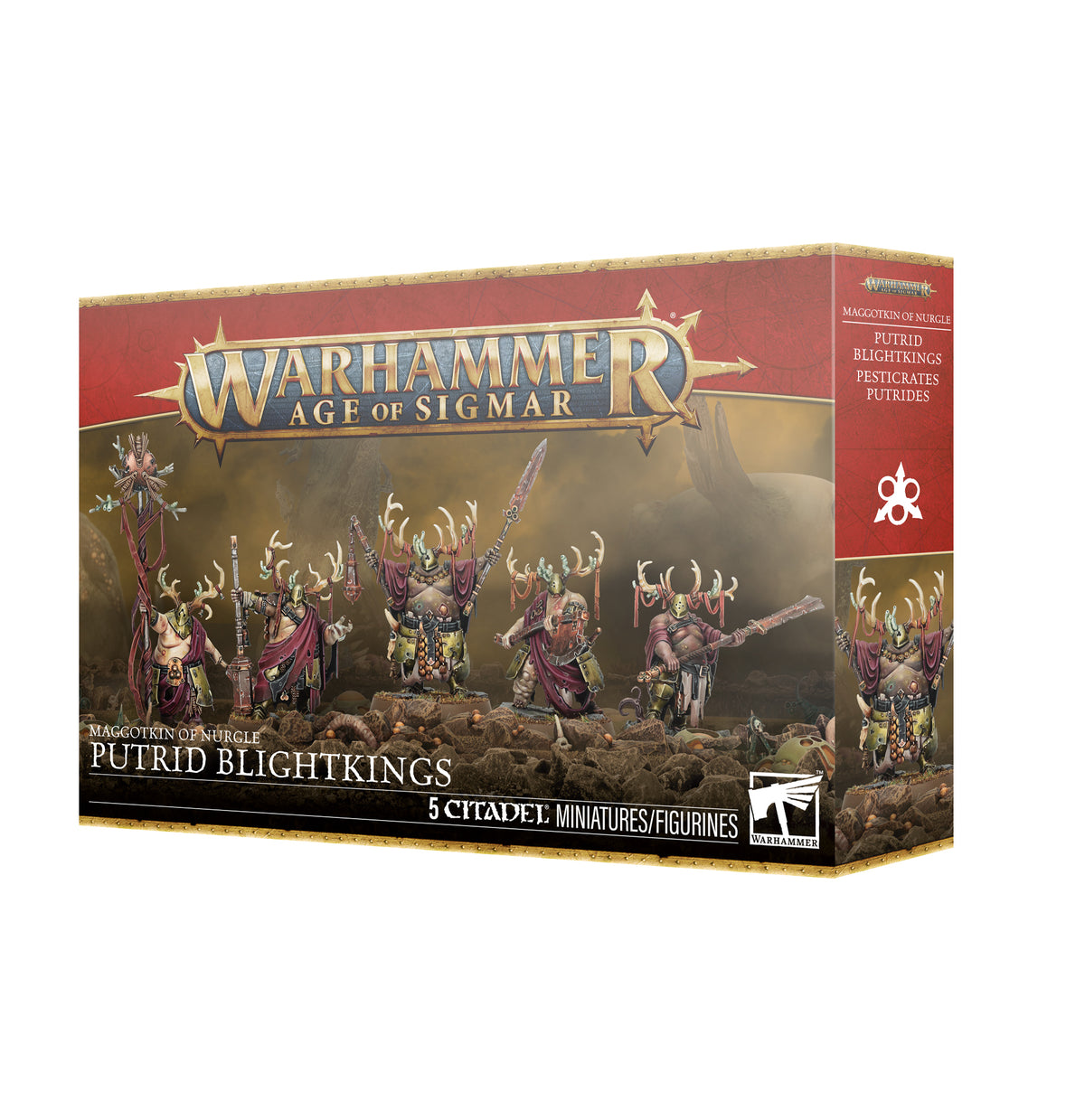 Set of Maggotkin of Nurgle Putrid Blightkings miniatures by Games Workshop, featuring grotesque Nurgle chaos warriors in detailed sculpt.