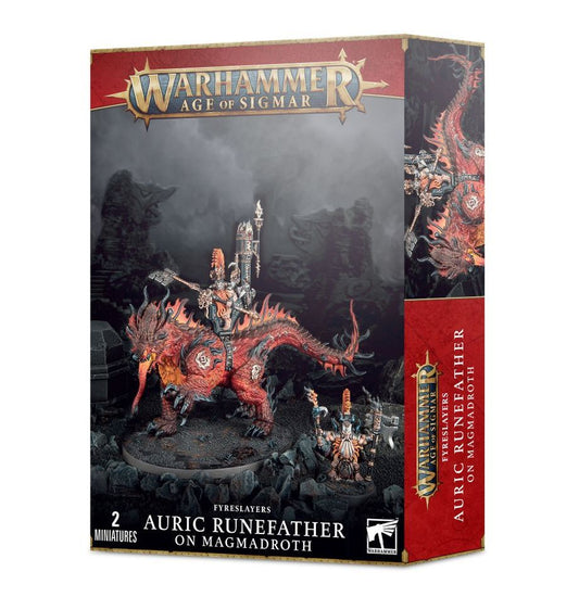 Fyreslayers Auric Runefather on Magmadroth miniature from Games Workshop, detailed fantasy dwarf with fiery mount.