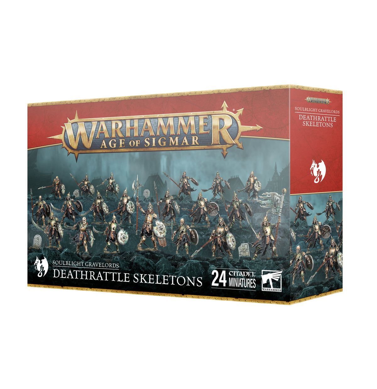 Pre-order Soulblight Gravelords Deathrattle Skeletons from Games Workshop, featuring detailed undead skeleton miniatures for Warhammer Age of Sigmar.