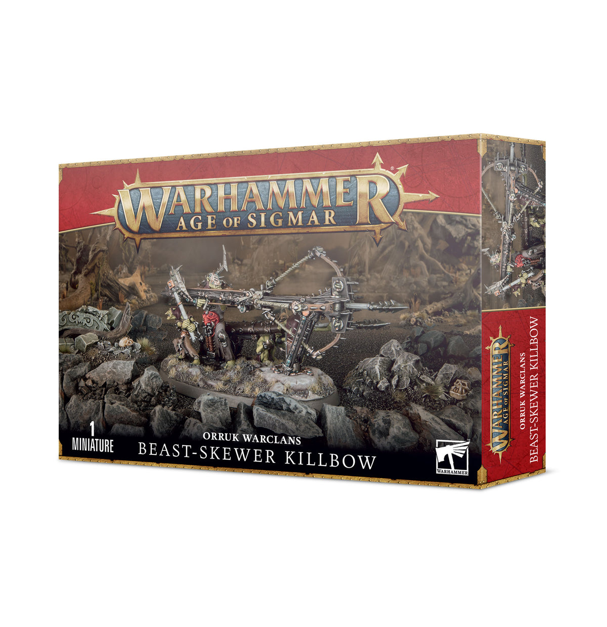 Miniature Orruk Warclans Beast-skewer Killbow from Games Workshop, detailed orc-themed crossbow with intricate sculpting.