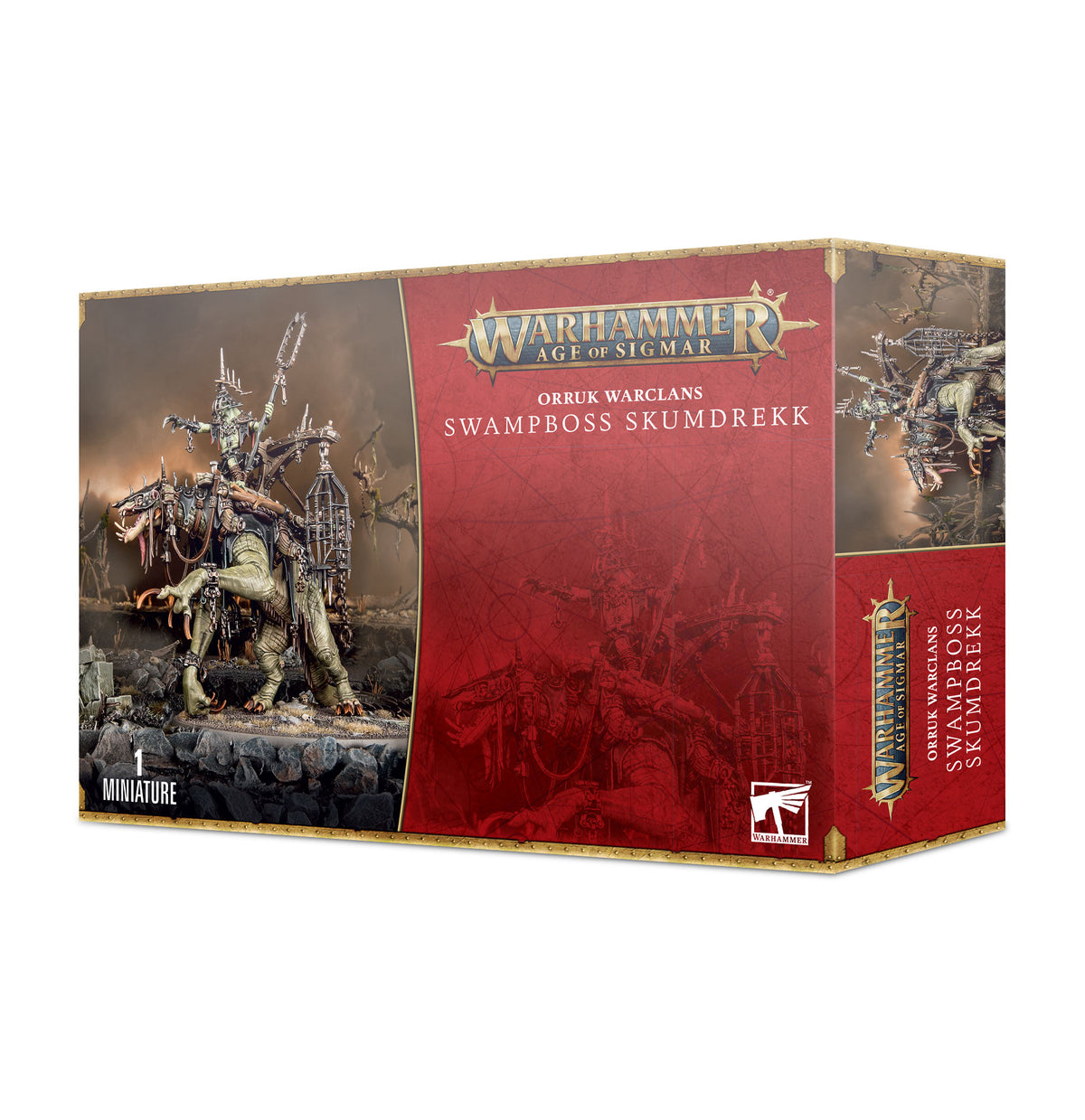 Miniature of Swampboss Skumdrekk on Sludgeraker Beast from Orruk Warclans, detailed orc figure for tabletop gaming.