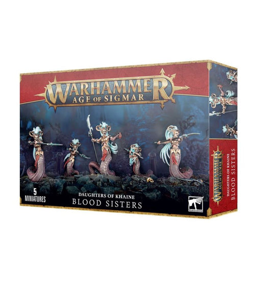 Group of Daughters of Khaine Blood Sisters miniatures from Games Workshop, painted with vibrant red and black armor.