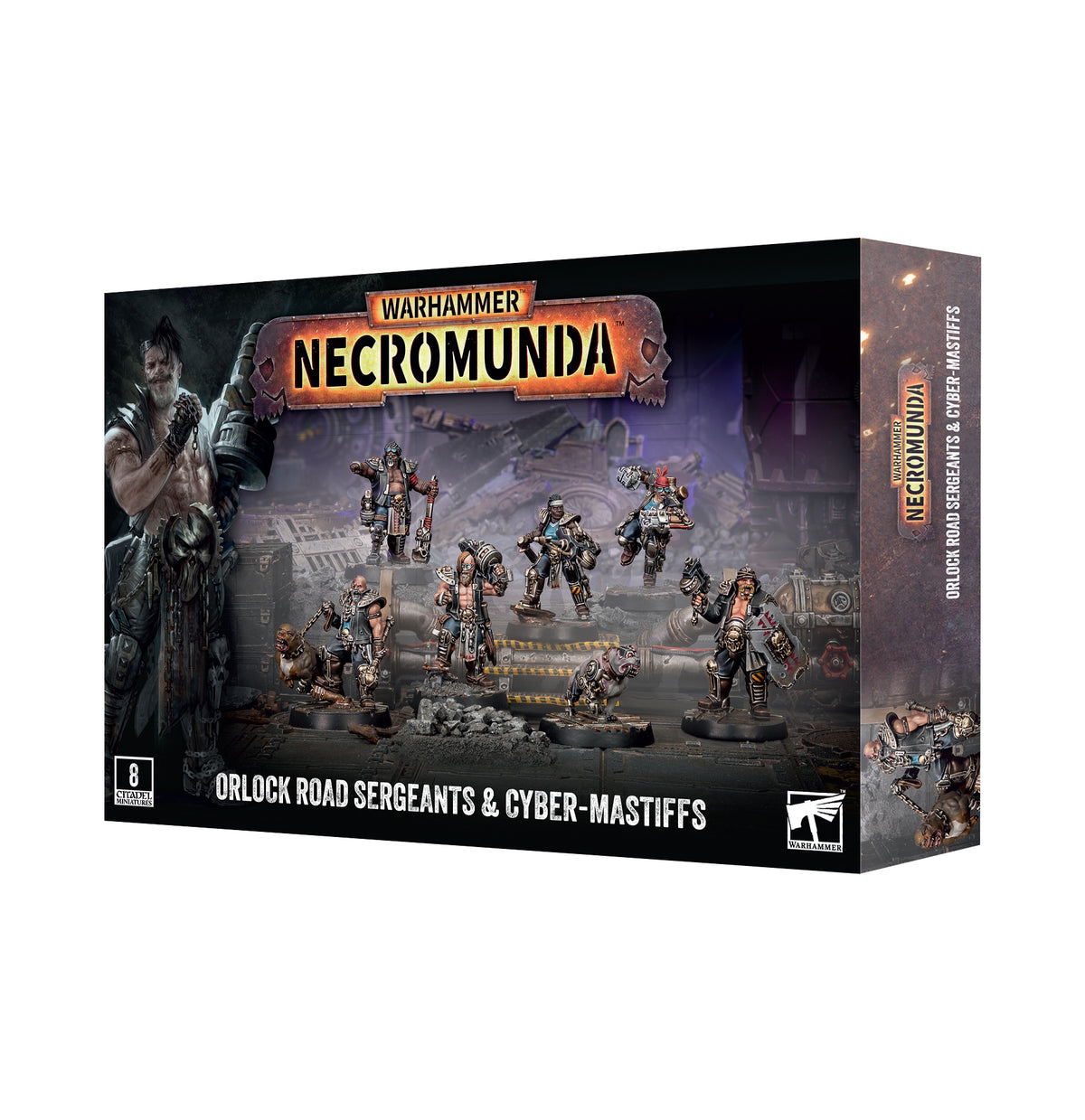 Necromunda Orlock Road Sergeants & Cyber-Mastiffs box front showing the painted sergeants and cyber-mastiffs.
