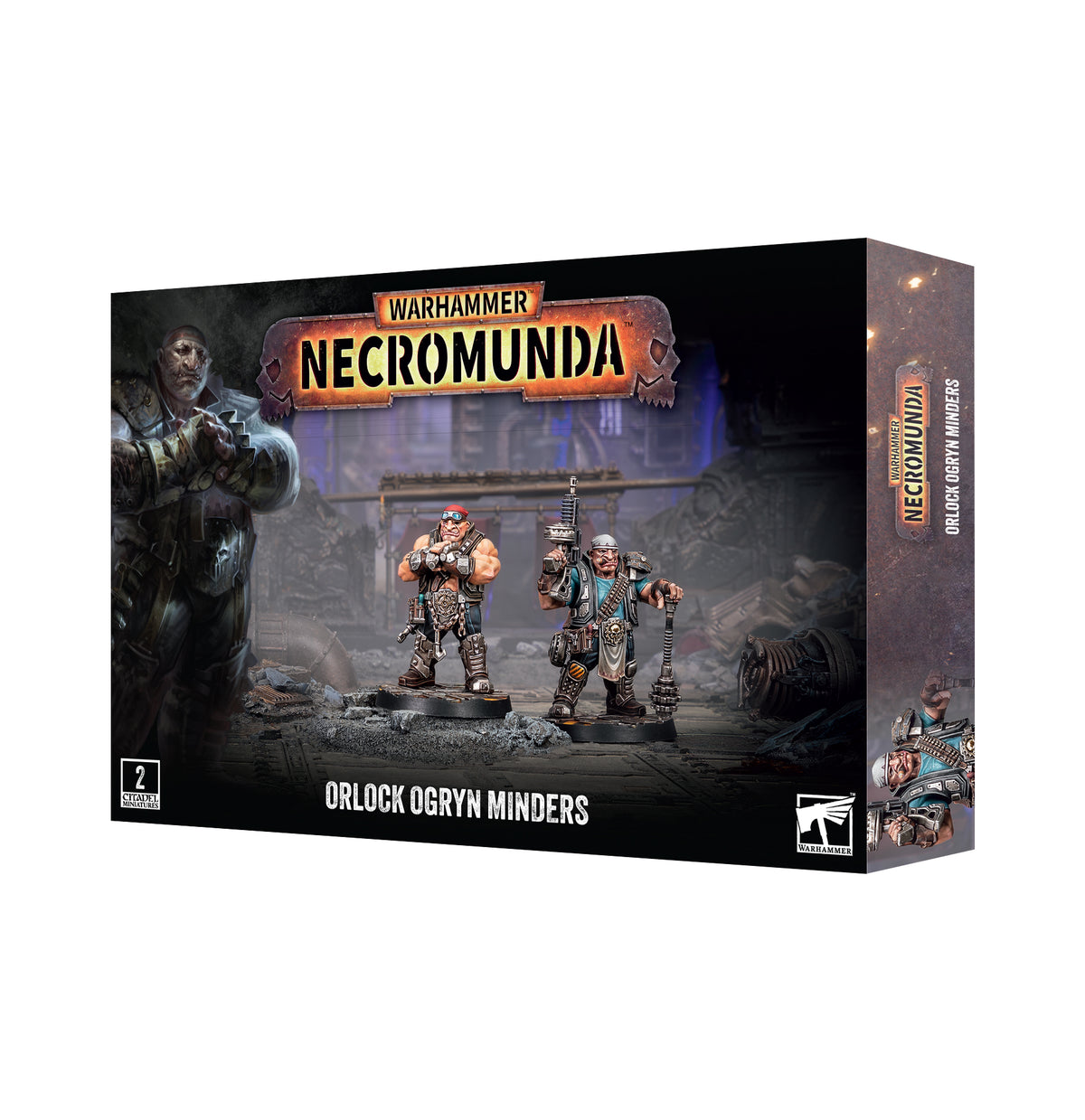 Necromunda Orlock Ogryn Minders box front showing the two painted Ogryn minders.