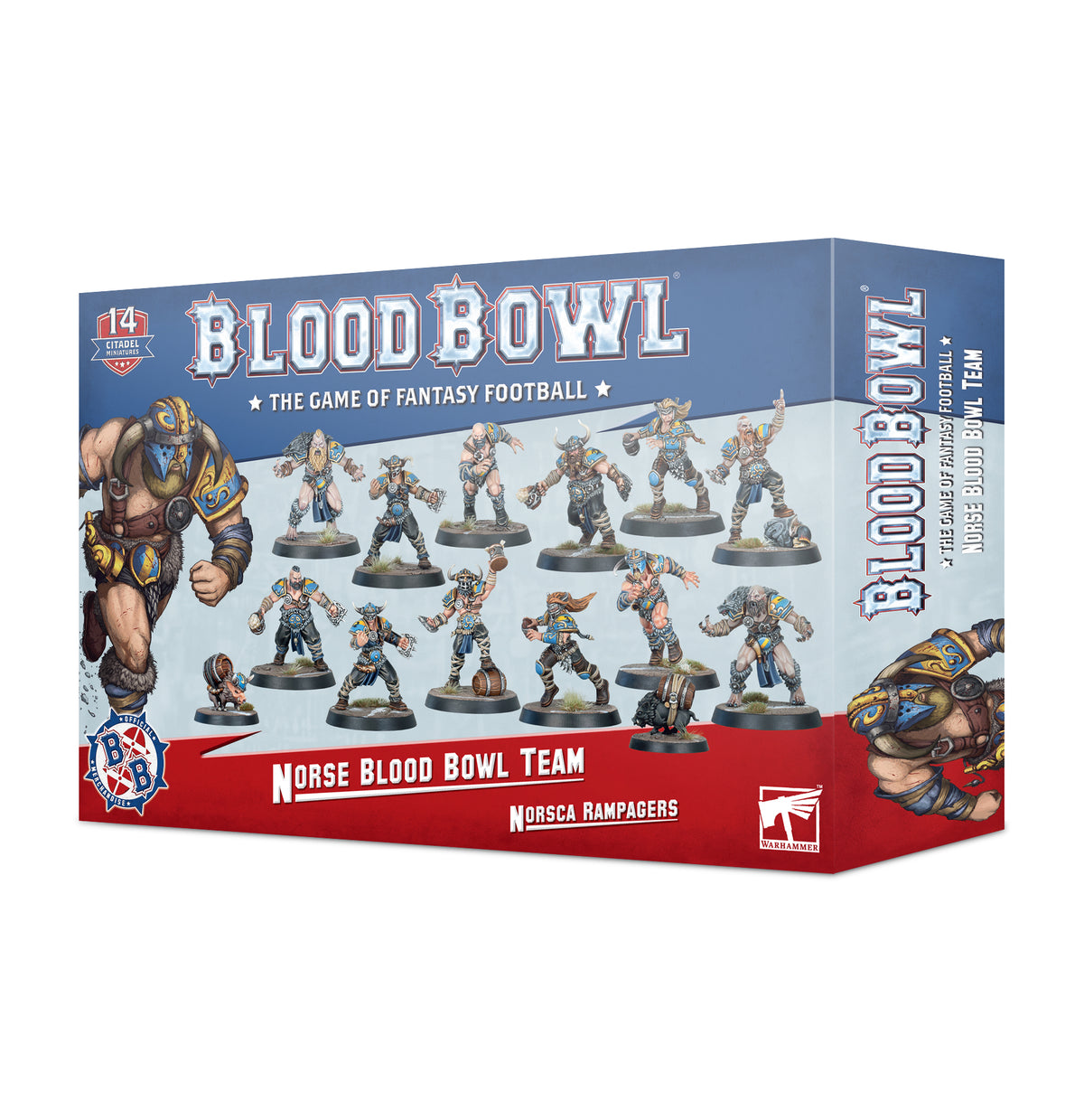 Norse team miniatures for Blood Bowl by Games Workshop, featuring detailed Norse football player figures in action poses.