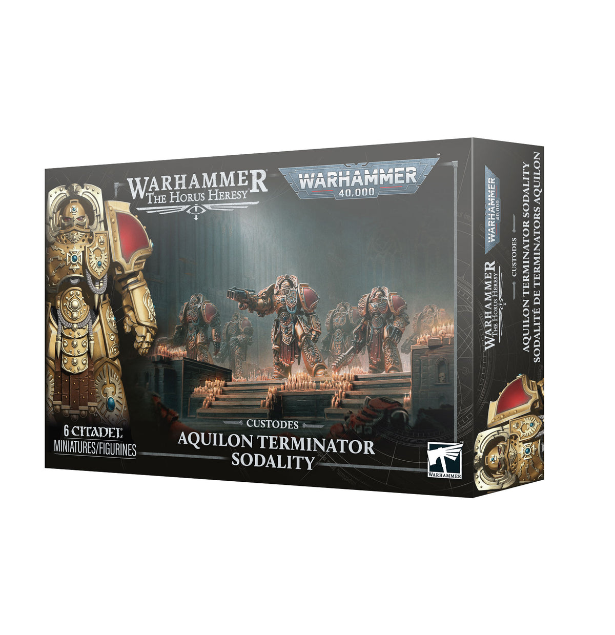 Adeptus Custodes Aquilon Terminator Sodality box set by Games Workshop with detailed miniature models and accessories.