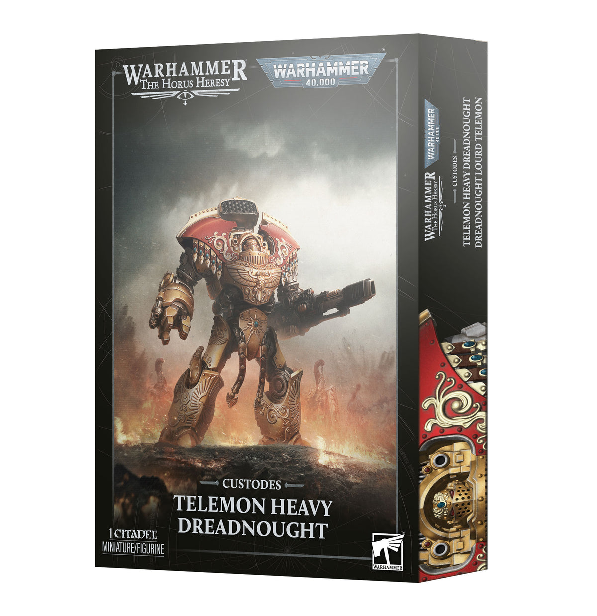 A close-up of the Adeptus Custodes Telemon Heavy Dreadnought model from Games Workshop, assembled and painted with detailed armor.