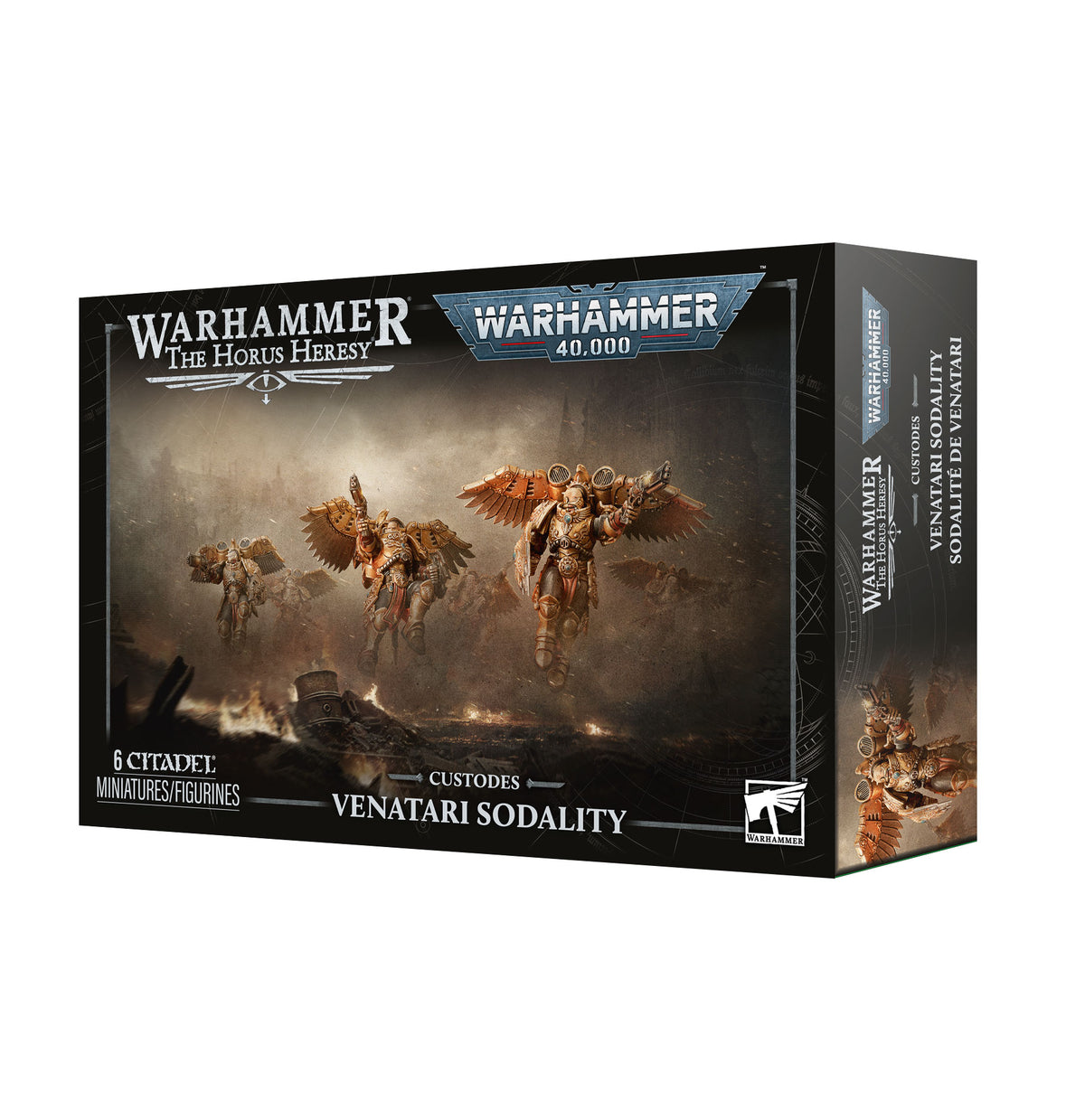 Close-up of Legio Custodes Venatari Sodality infantry model from Games Workshop, showcasing detailed armor and weaponry.