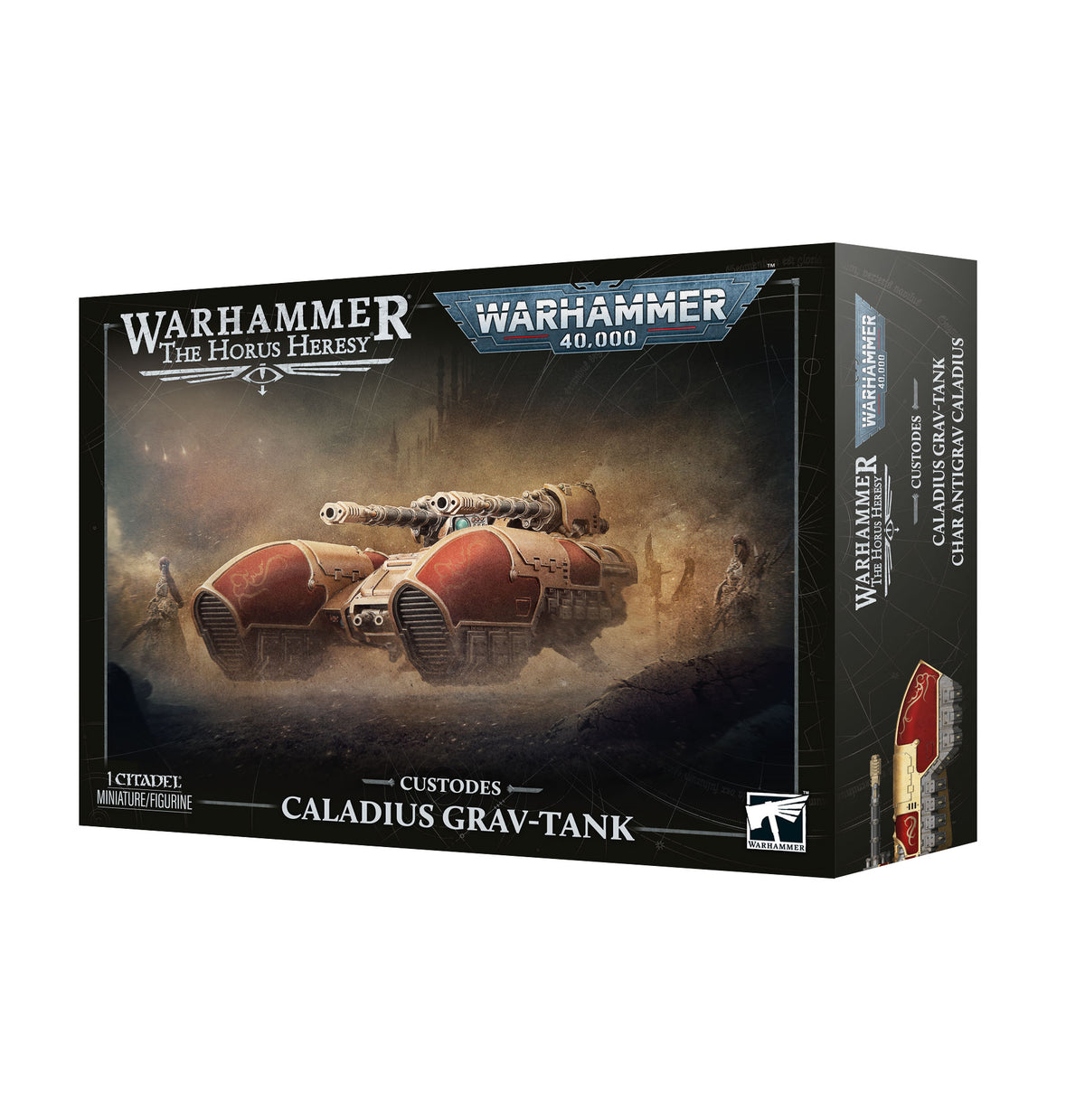 A detailed image of the Adeptus Custodes Caladius Grav-Tank vehicle from Games Workshop, showcasing its armored design and weaponry.