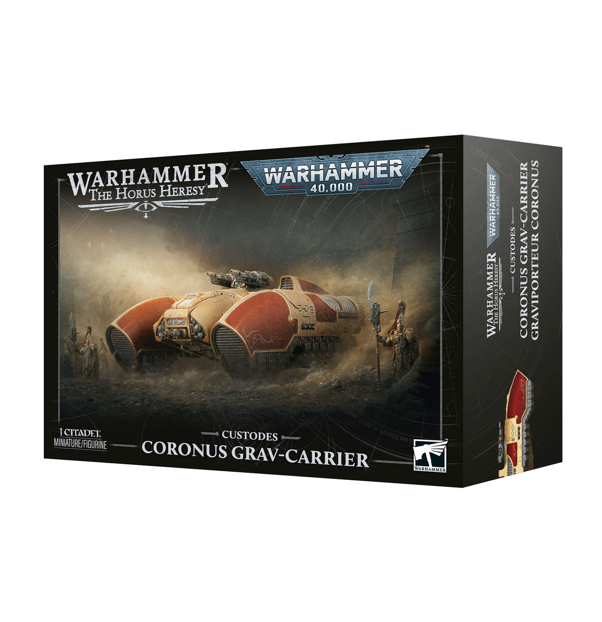Adeptus Custodes Coronus Grav-Carrier vehicle model from Games Workshop, featuring detailed sci-fi military design and weaponry.