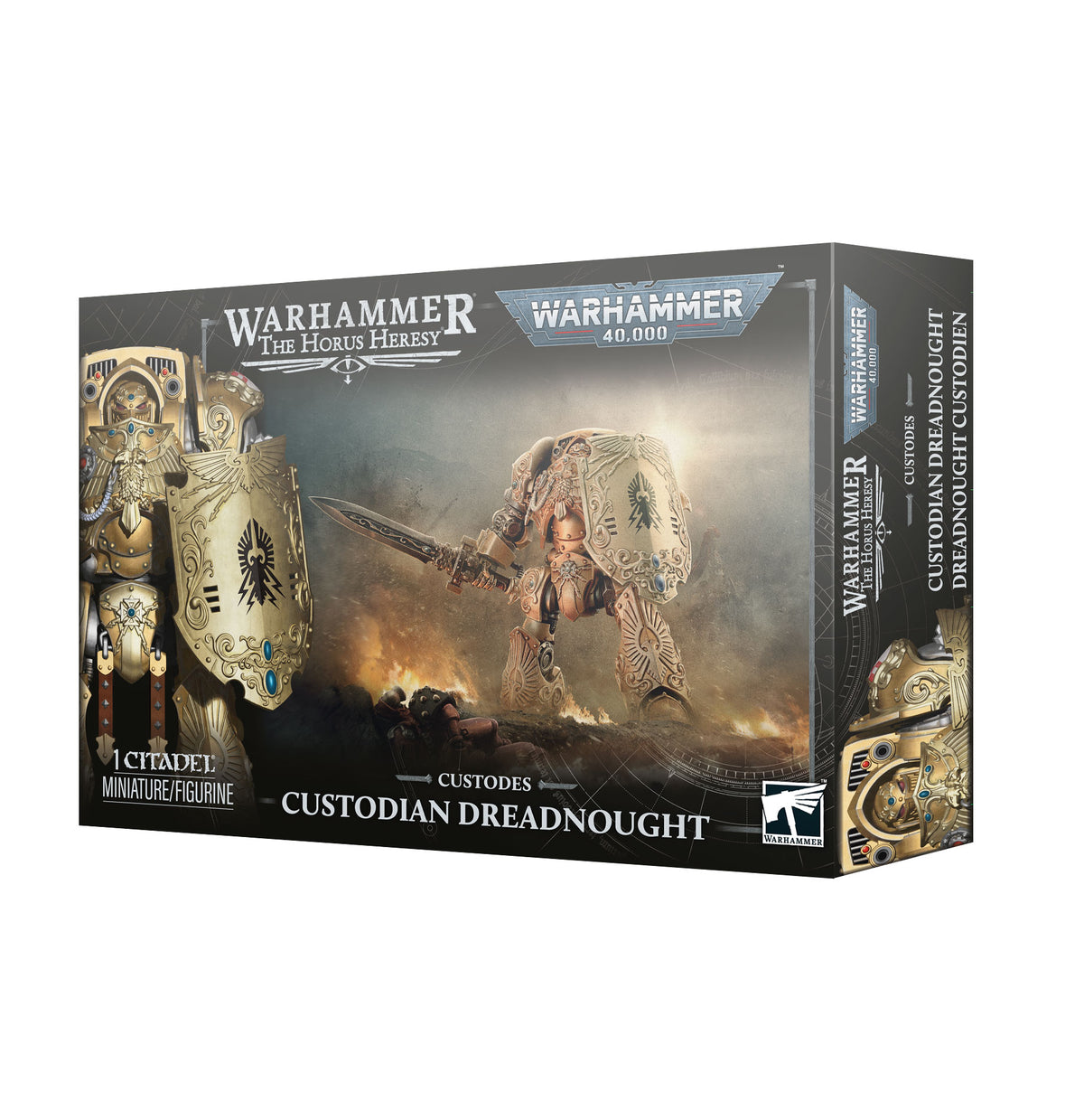Adeptus Custodes Custodian Dreadnought model from Games Workshop, featuring detailed plastic miniature with armor and weaponry.