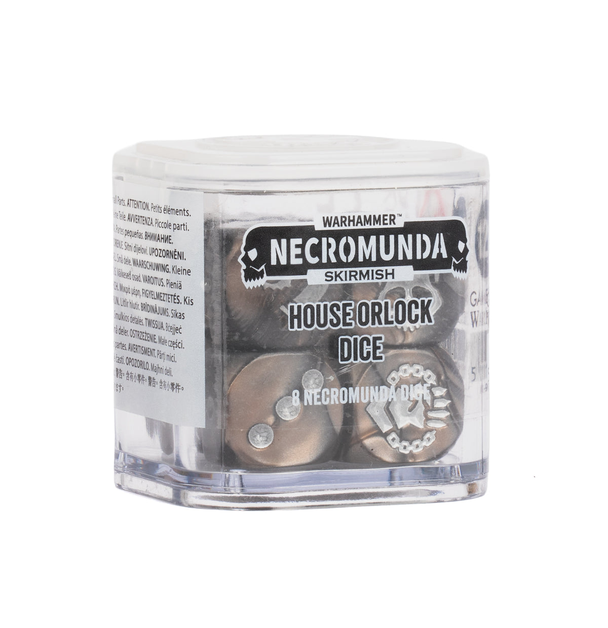 Necromunda House Orlock Dice in their clear cube packaging, showing the metallic-finish dice.