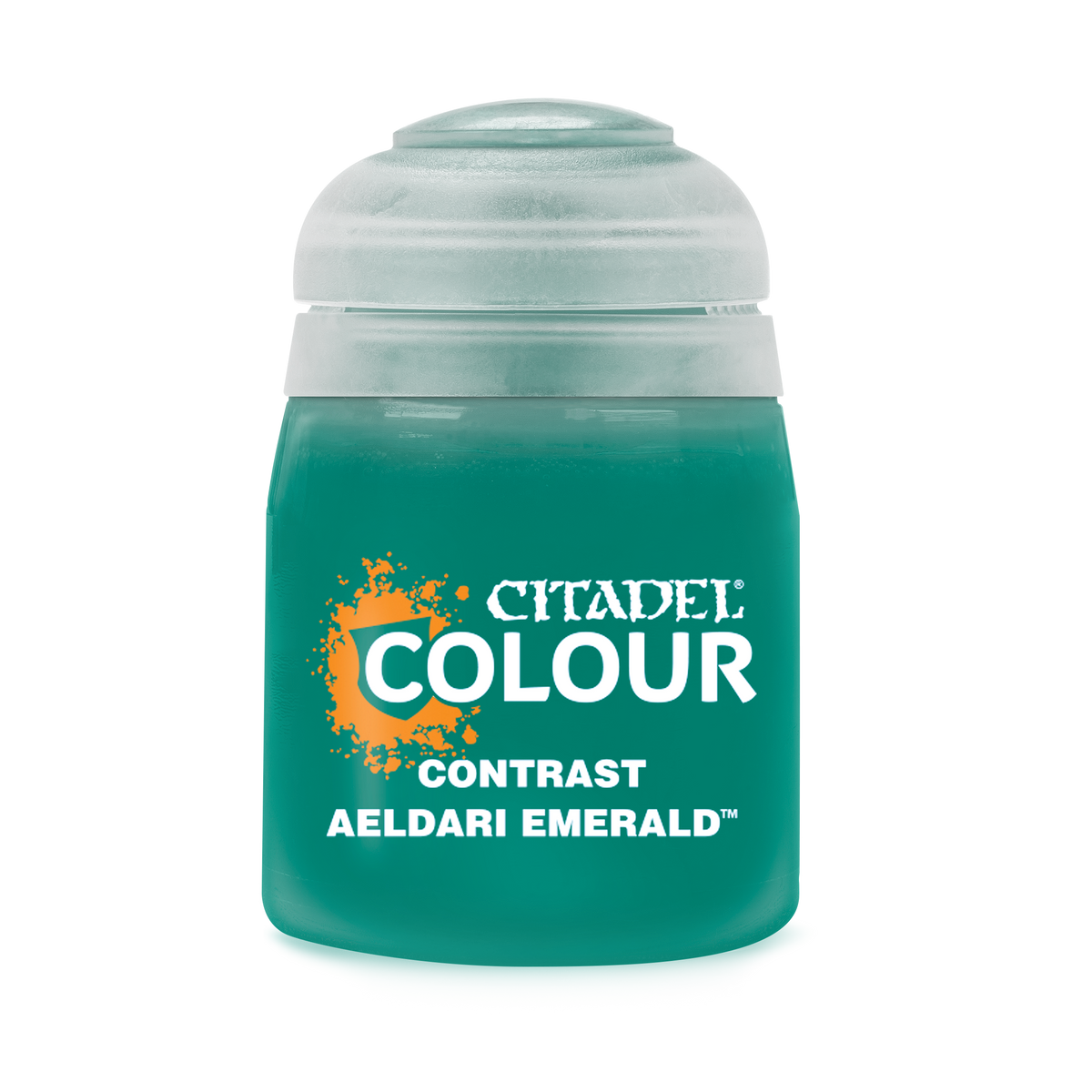A 18ml bottle of Aeldari Emerald Contrast paint from Games Workshop, featuring a vibrant green ink for miniature models.