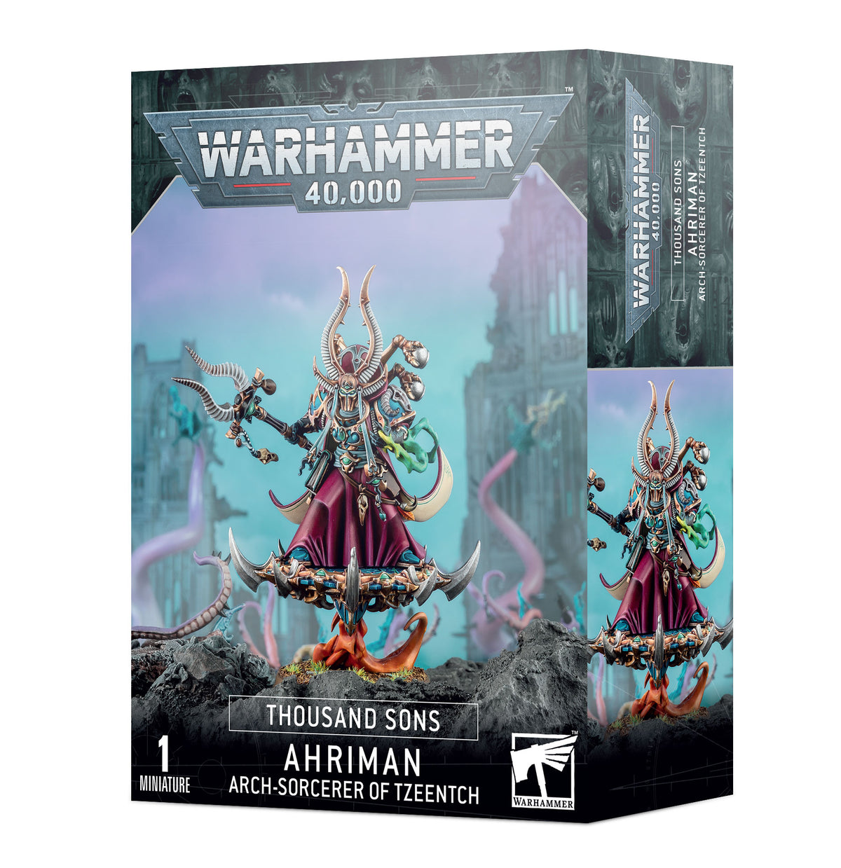 A detailed miniature of Ahriman, Arch-Sorcerer of Tzeentch from Thousand Sons, painted with vibrant colors and intricate armor.
