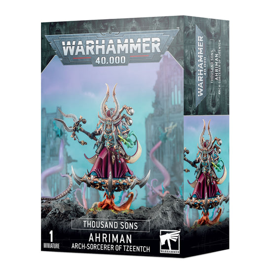 A detailed miniature of Ahriman, Arch-Sorcerer of Tzeentch from Thousand Sons, painted with vibrant colors and intricate armor.