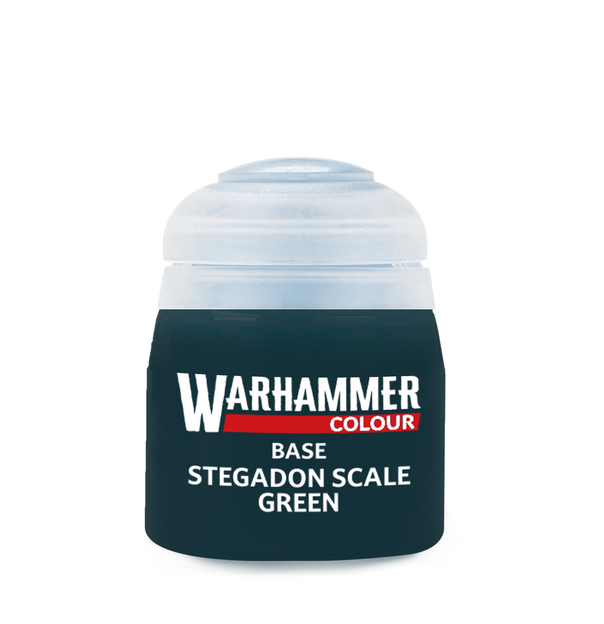 Green Stegadon Scale Paint by Games Workshop in a 12ml bottle, ideal for Warhammer models, featuring vibrant green scale color.