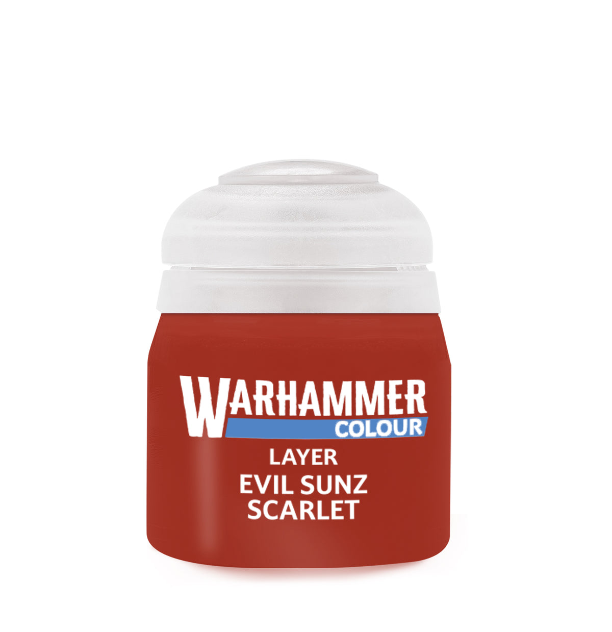 Evil Sunz Scarlet paint bottle by Games Workshop, 12ml, with red paint visible in a clear plastic container.