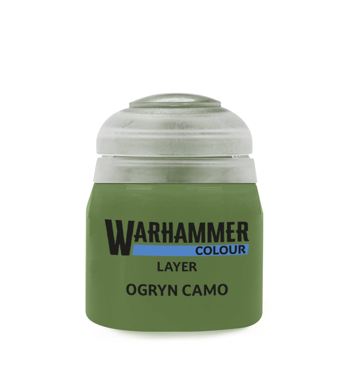Ogryn Camo 12ml paint jar from Games Workshop, featuring green and brown camouflage colors for miniatures.
