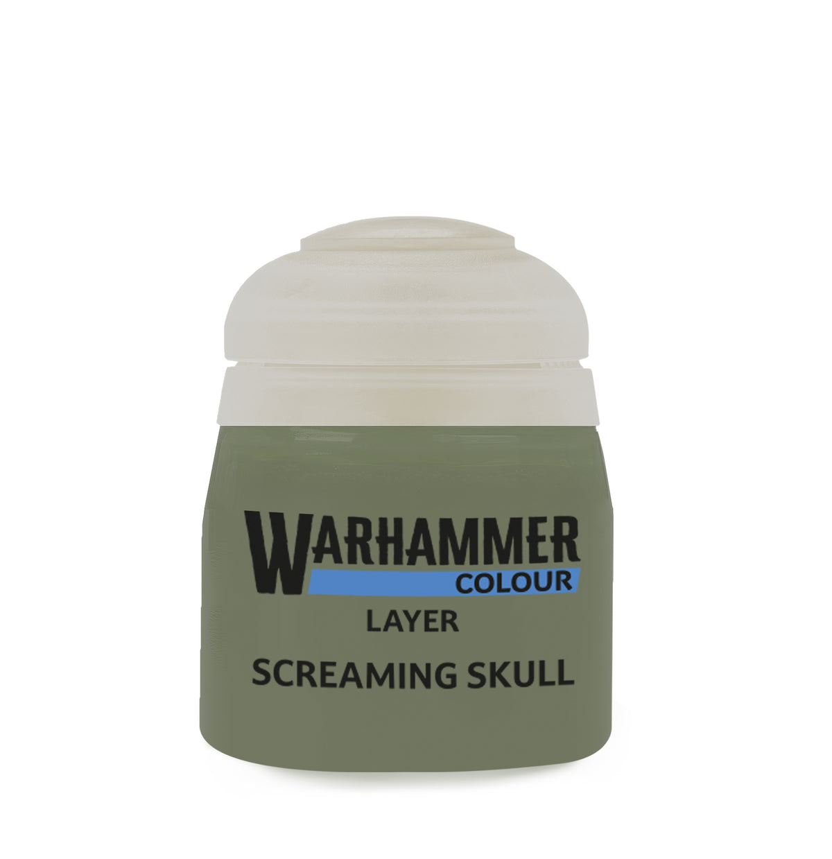 Games Workshop Screaming Skull 12ml paint bottle, features vibrant ghostly white acrylic paint for miniature models.