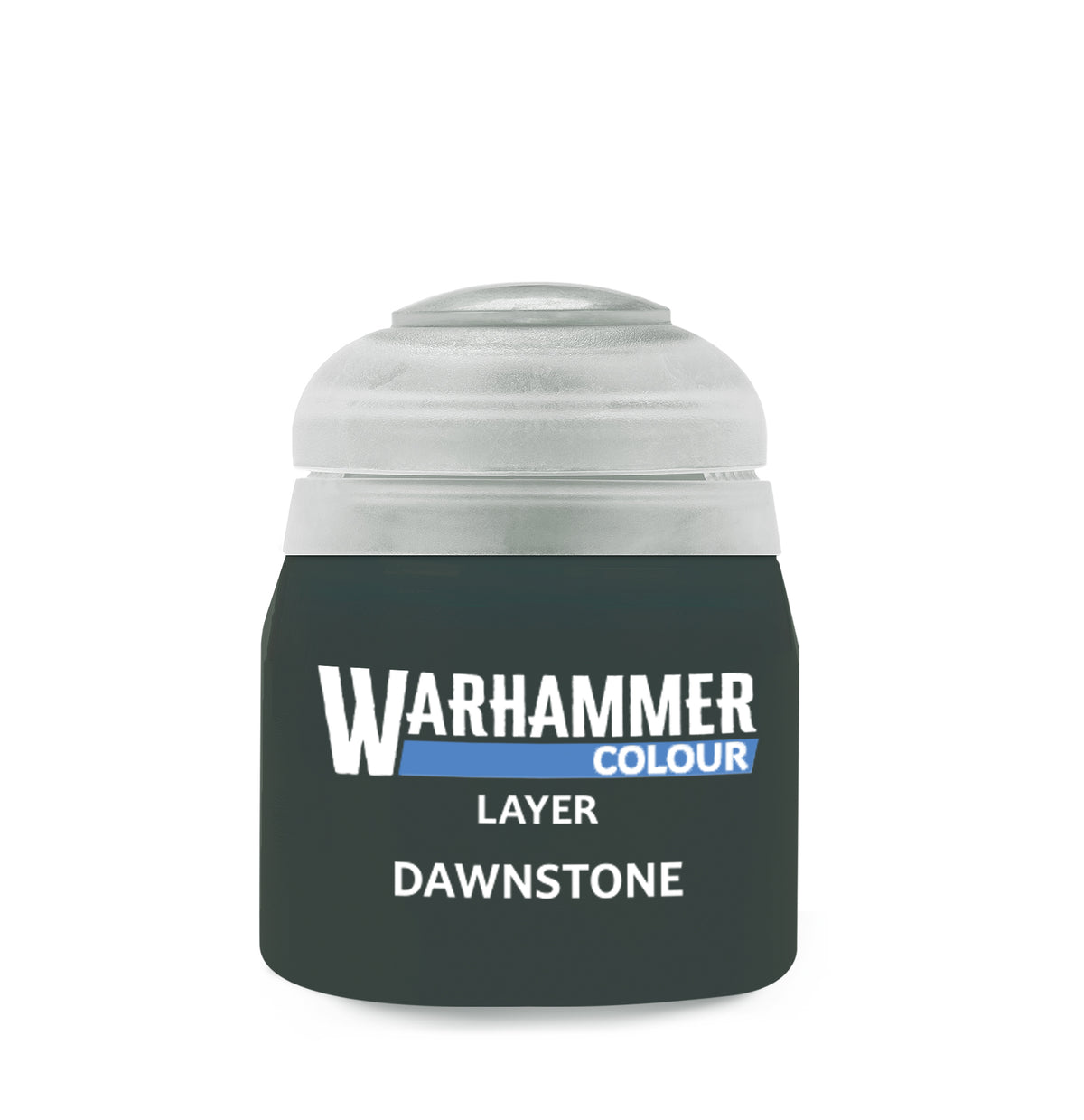 Dawnstone 12ml paint bottle from Games Workshop, display of the blue-gray miniature paint in a clear bottle.