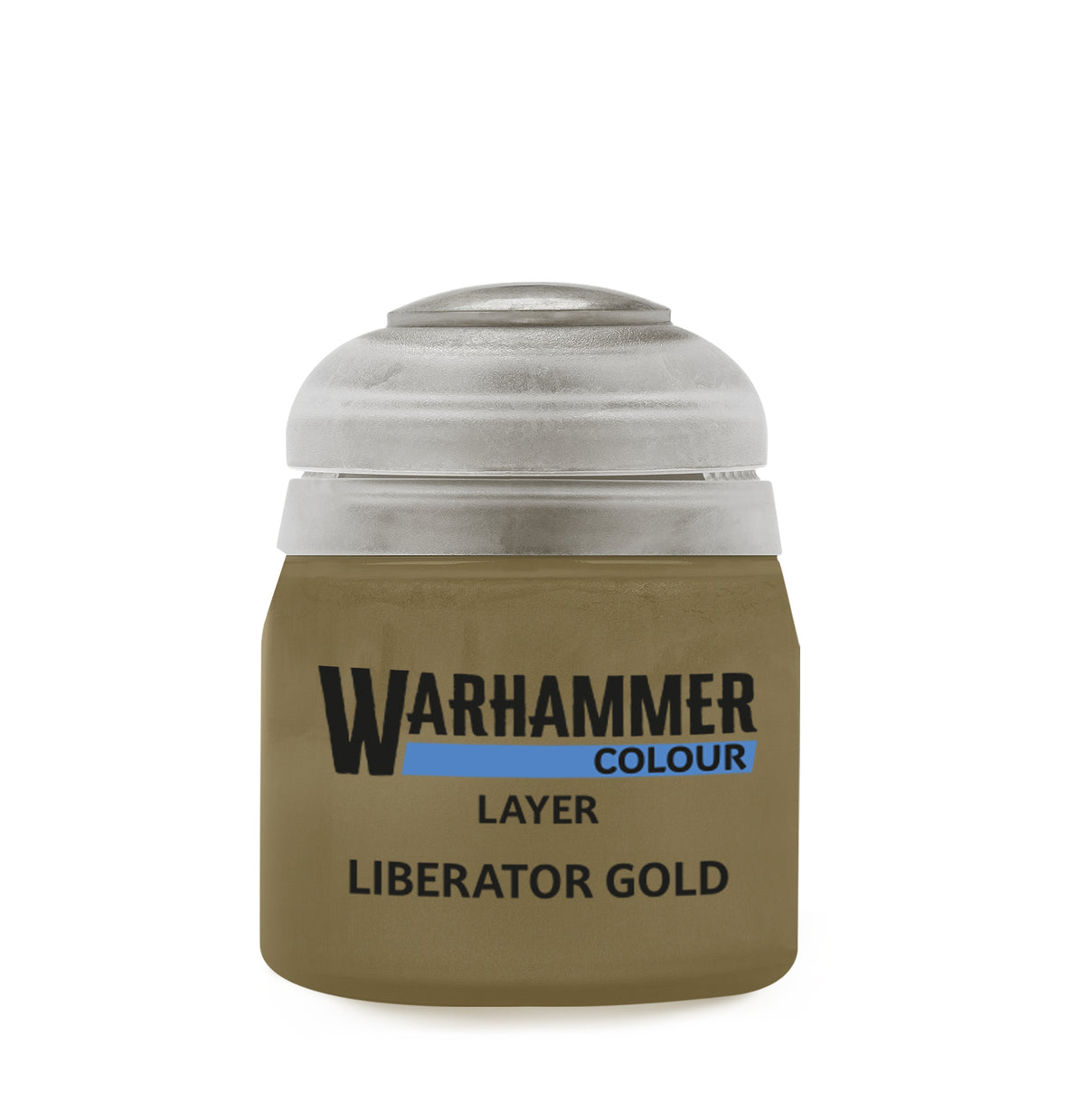 Gold paint bottle from Games Workshop Liberator Gold 12ml paint set, featuring a clear view of the 12ml container with gold paint.