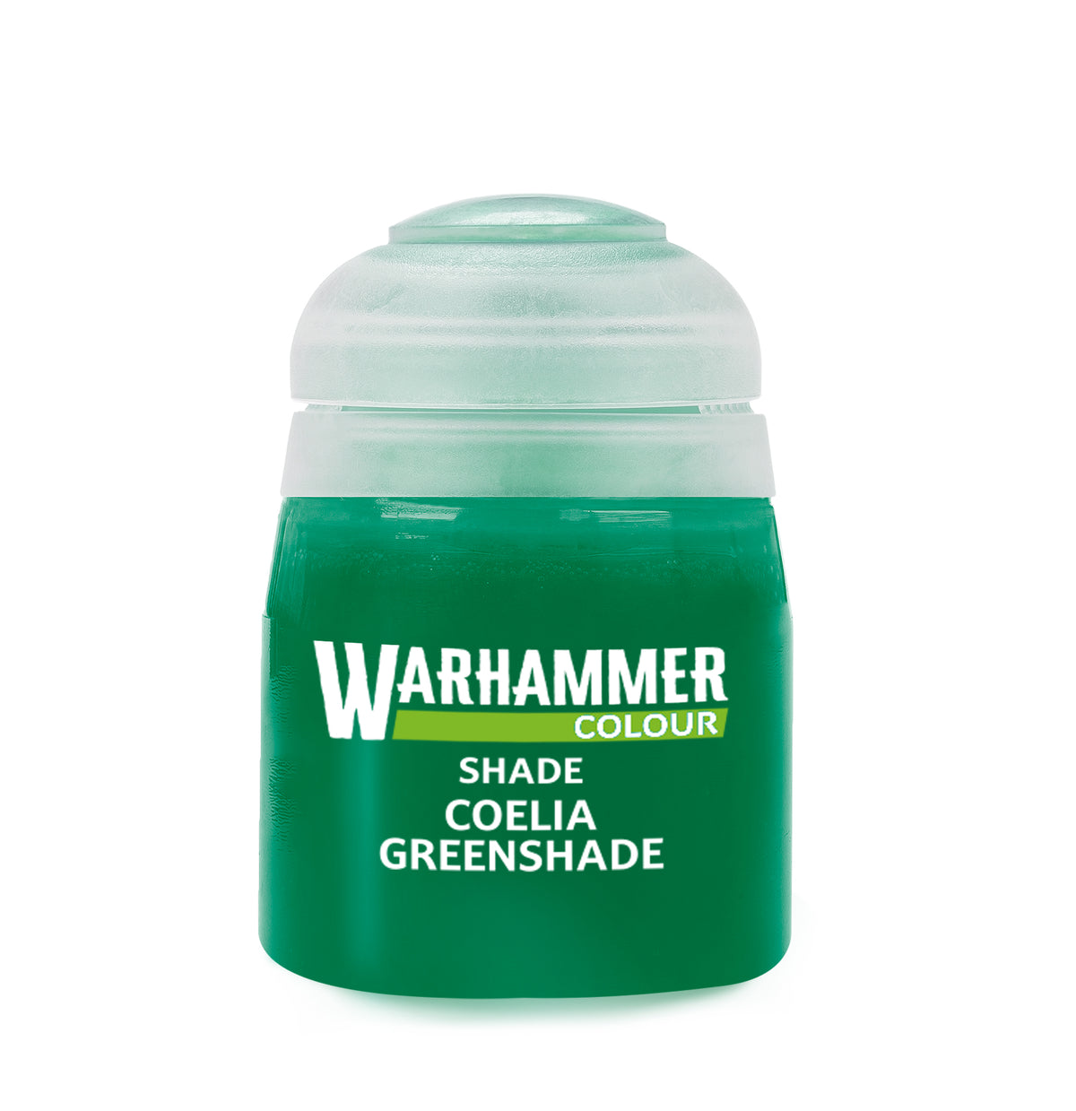 Coelia Greenshade paint bottle by Games Workshop, 18ml, used for shading and highlighting miniature models.