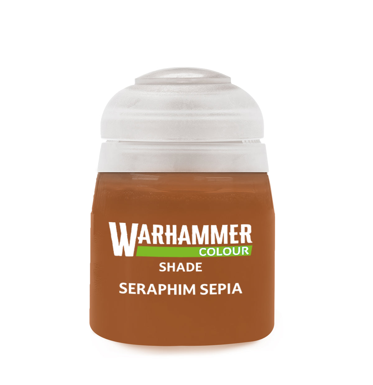Games Workshop Seraphim Sepia paint bottle, 18ml, used for miniature shading and weathering effects in model painting.