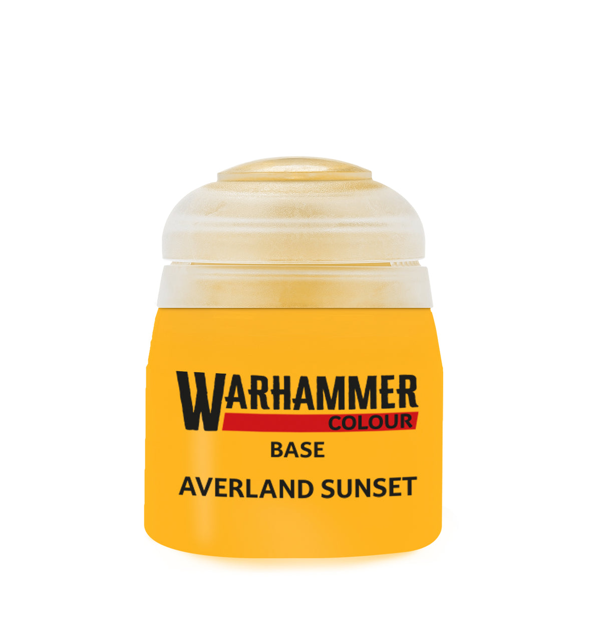 Averland Sunset Games Workshop 12ml paint bottle for miniature painting, with label showing bright orange and yellow hues.