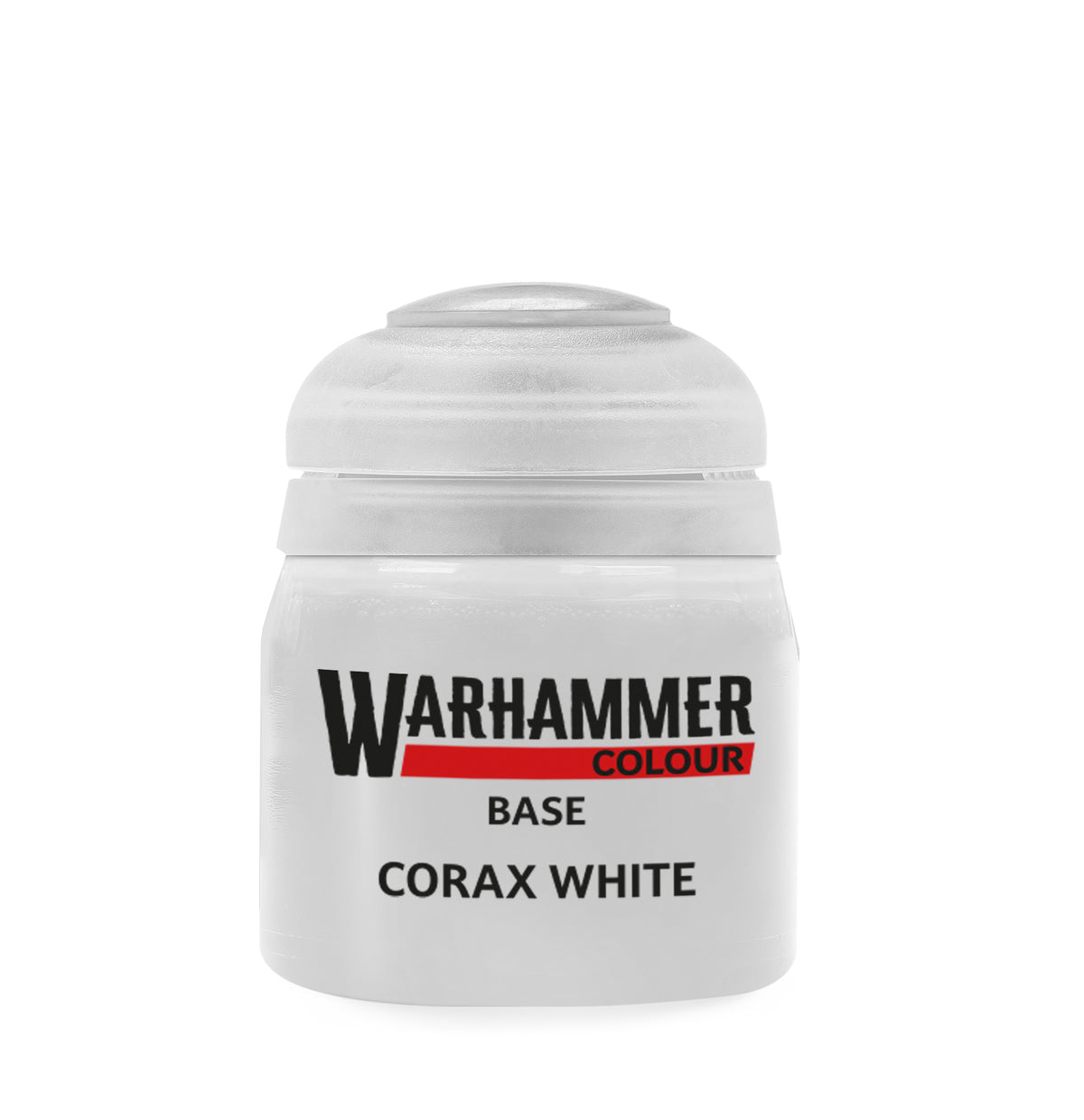 Corax White paint by Games Workshop, 12ml bottle, creamy white color ideal for miniature painting.
