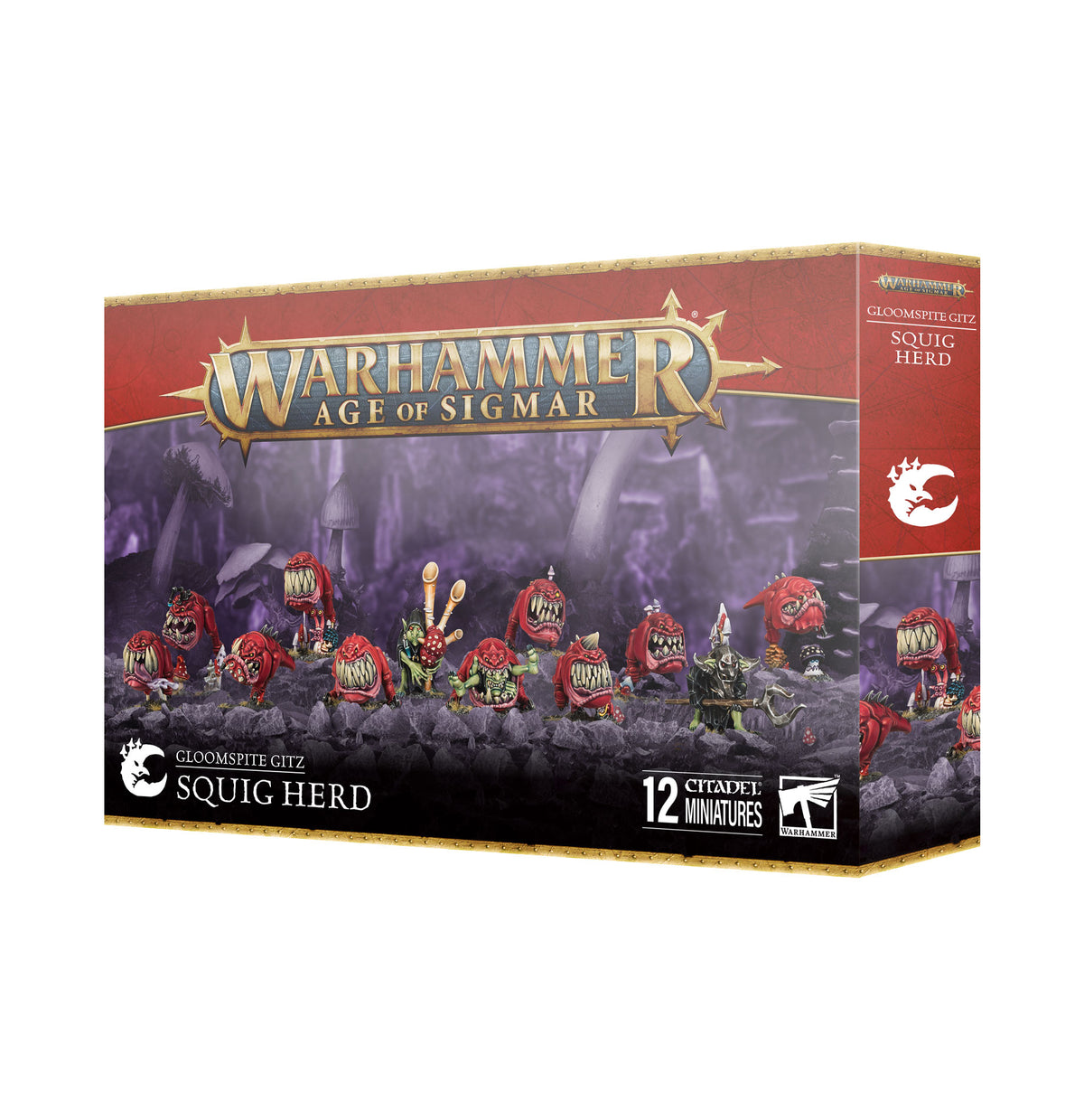 A group of Gloomspite Gitz Squig Herd miniatures by Games Workshop, featuring colorful squigs and goblin-like creatures on a display base.