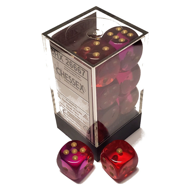 Set of 12 Chessex Gemini 16mm translucent red-violet and gold dice blocks, featuring bold colors and a sleek design.