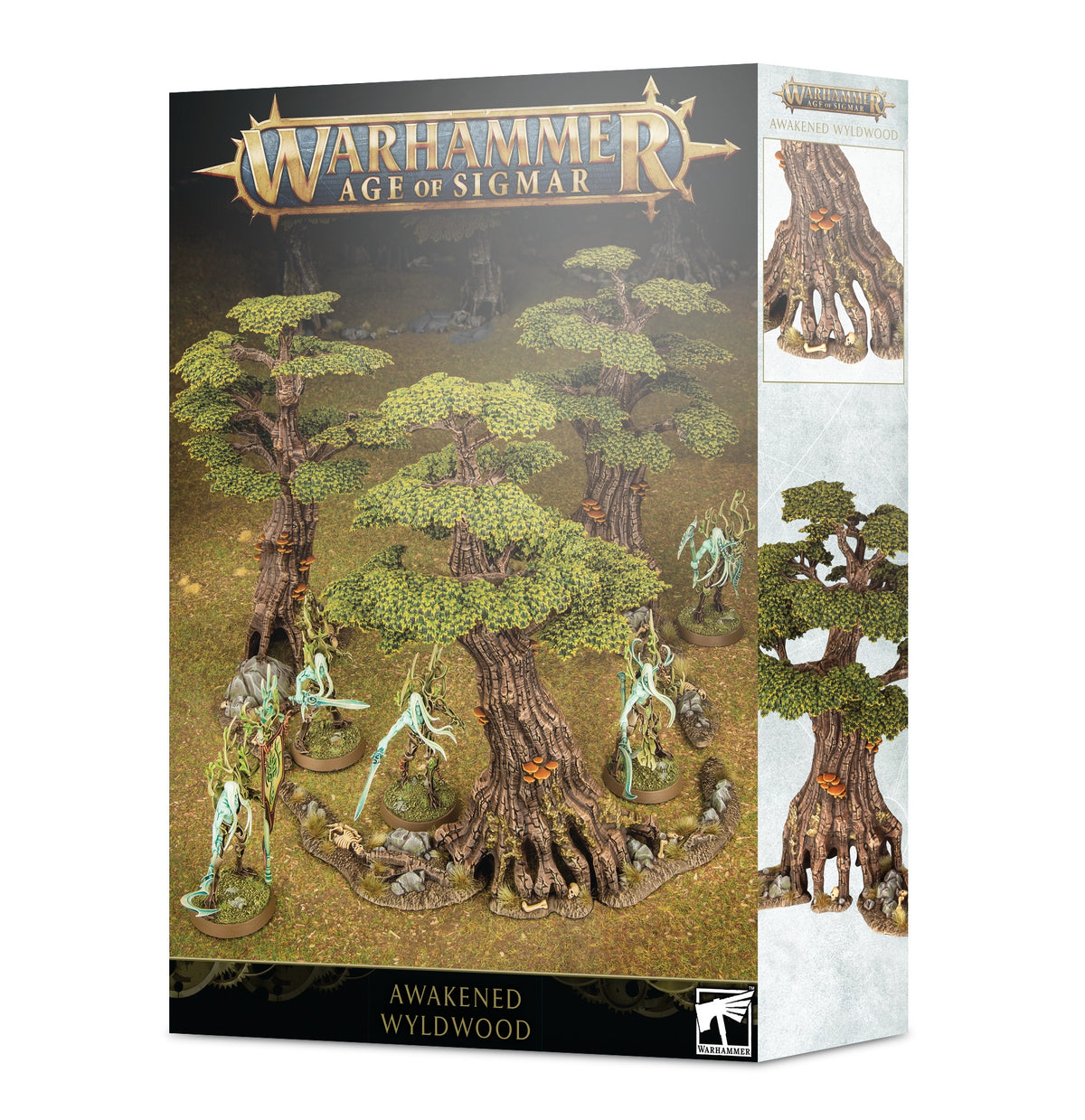 Detailed image of Sylvaneth Awakened Wyldwood terrain piece from Games Workshop, featuring twisted branches and lush greenery.