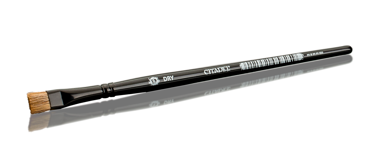 Set of three Games Workshop Citadel Medium Drybrushes for detailed miniature painting, featuring sturdy handles and fine bristle tips.