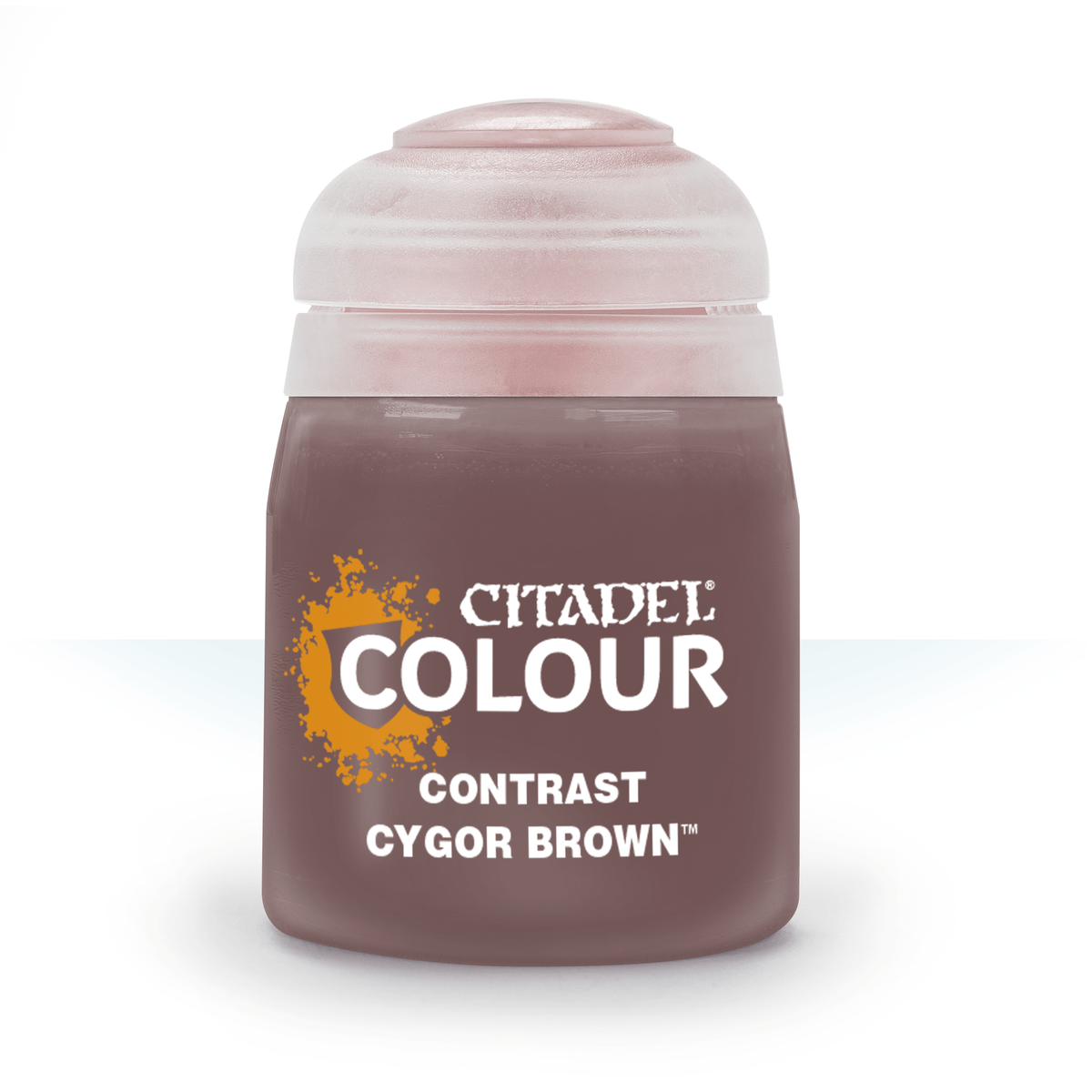 Contrast Cygor Brown paint bottle from Games Workshop, featuring a 18ml container with the brown paint for miniatures and models.