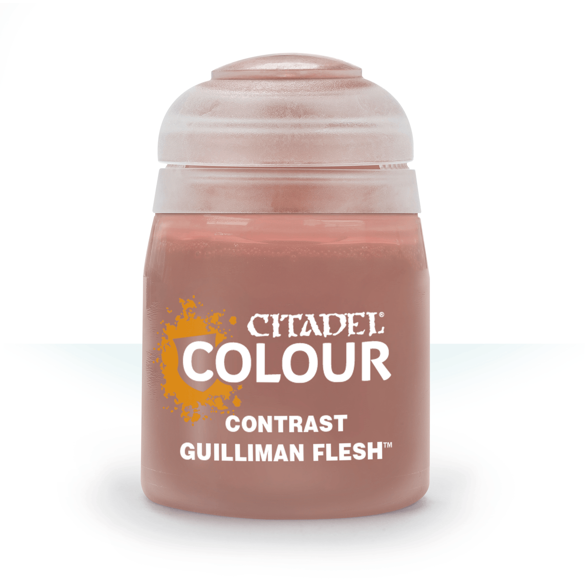 Contrast Guilliman Flesh paint for miniature painting by Games Workshop, featuring a close-up of the 18ml bottle.