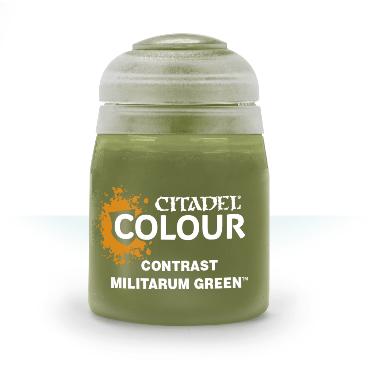 Contrast Militarum Green paint bottle by Games Workshop, 18ml, with label showing green paint for miniature models.