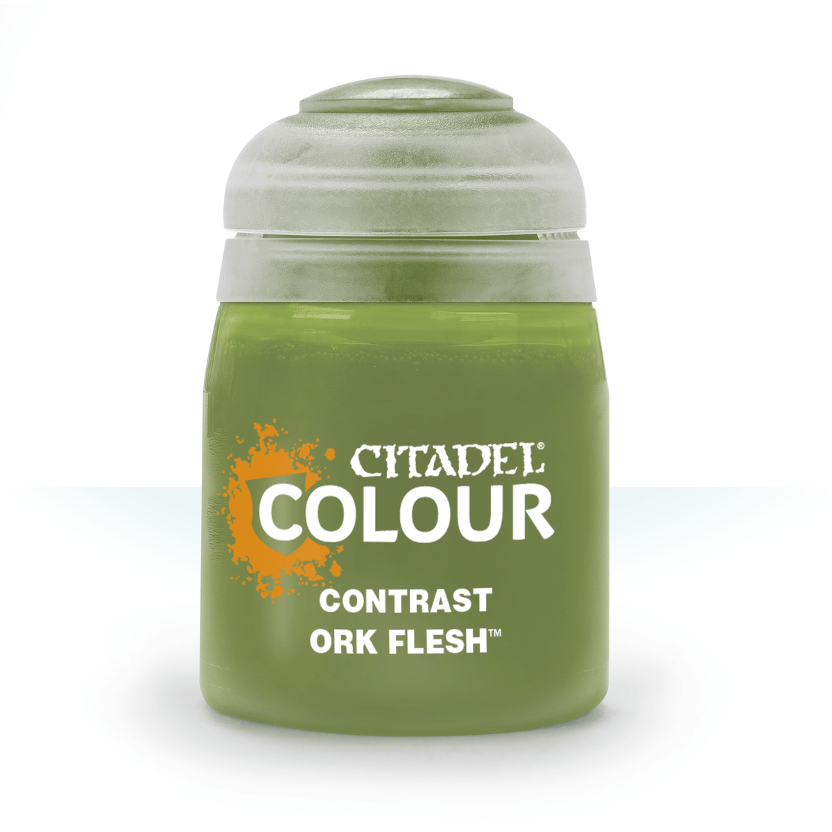 Games Workshop Contrast Ork Flesh paint bottle, 18ml, with label showing vibrant greenish paint suitable for miniature figures.
