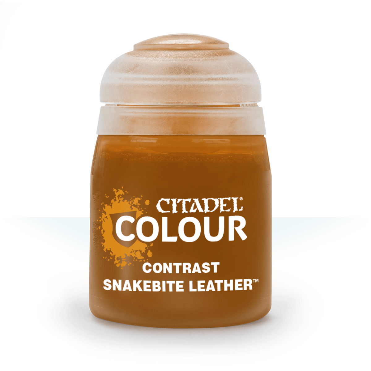 Contrast Snakebite Leather paint by Games Workshop, 18ml bottle, showing the rich brown leather color for miniature detailing.