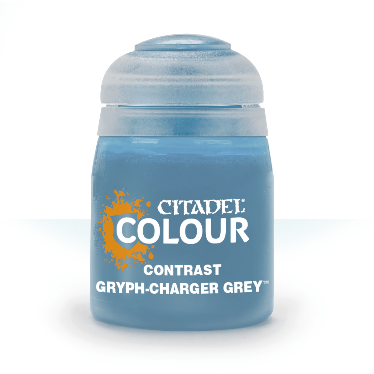 Contrast Gryph-Charger Grey paint bottle by Games Workshop, 18ml, with label and grey paint inside.