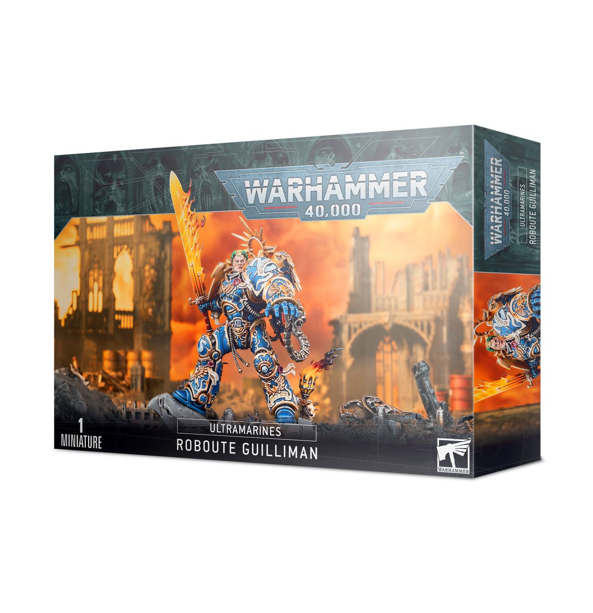 Miniature of Roboute Guilliman Ultramarines Space Marine from Games Workshop's Warhammer 40K series.
