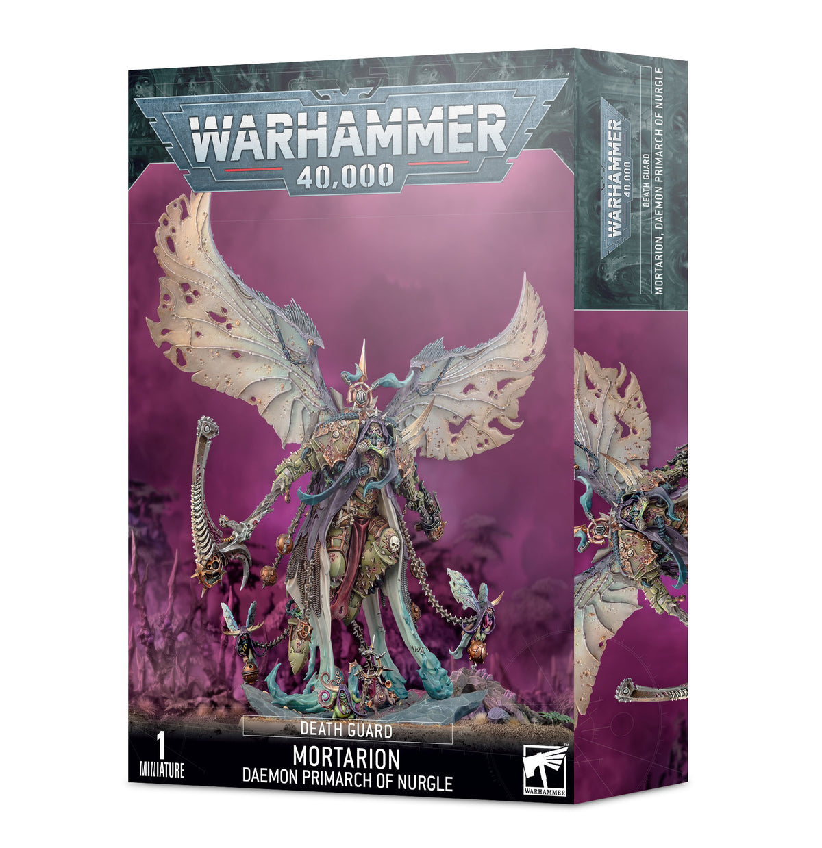 Death Guard Mortarion miniature by Games Workshop, Daemon Primarch of Nurgle, detailed figure with green armor and Nurgle symbols.