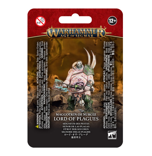 Detailed image of the Maggotkin of Nurgle Lord of Plagues miniature from Games Workshop, showing its grotesque plague-themed details.