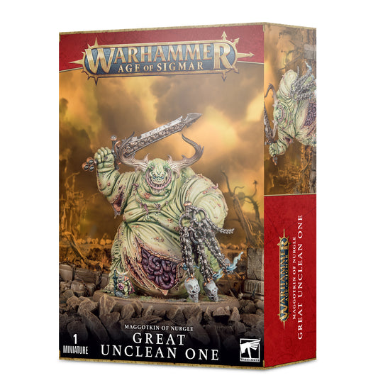 Miniature of Maggotkin of Nurgle Great Unclean One from Games Workshop, detailed Nurgle daemon with bloated, pestilent features.