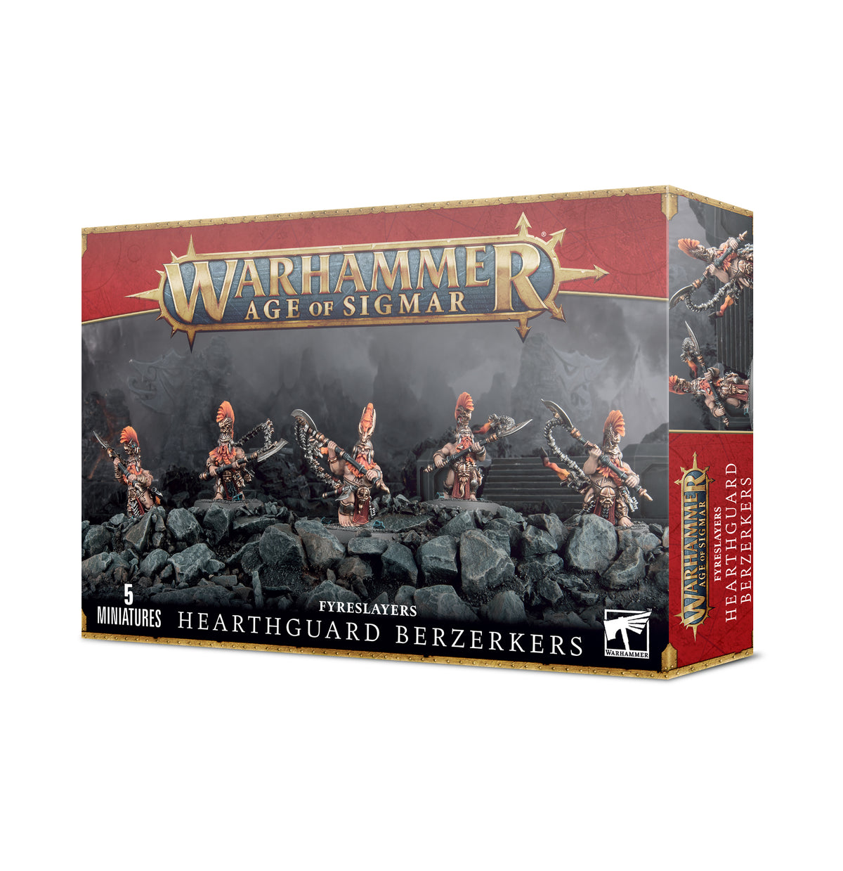 Fyreslayers Hearthguard Berzerkers miniature from Games Workshop, featuring detailed dwarf warrior with fiery armor and weapons.