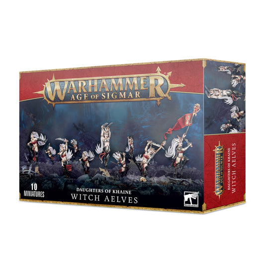 Miniature of Daughters of Khaine Witch Aelves from Games Workshop's Sisters of Slaughter collection, showing detailed painted figures.